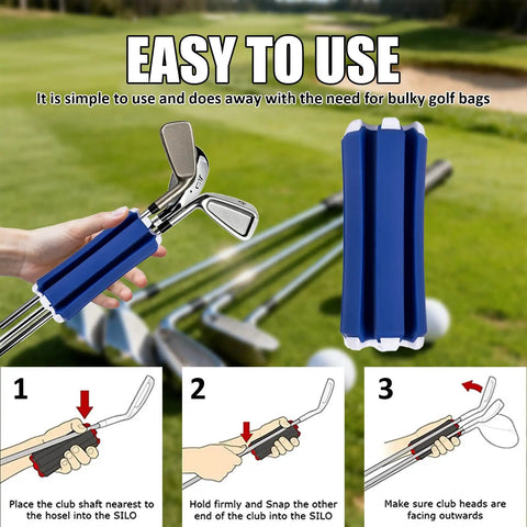 Easy-Access 6-Club Golf Bag Organizer Stand With Secure Strap Durable Blue And White Cylindrical Holder Keeps Clubs Separated And Ready Cuts Clutter In Your Golf Bag This Handy Accessory Makes Your Day On The Course A Breeze showing organizer holding golf clubs with installation steps