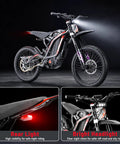 Badass 10000W Electric Dirt Bike For Adults With 72V 35Ah Battery Offering 52 Mile Range And Rugged Full Suspension System Featuring Dual Hydraulic Brakes, showing bright headlight and rear light.
