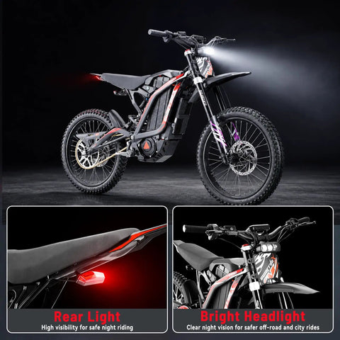 Badass 10000W Electric Dirt Bike For Adults With 72V 35Ah Battery Offering 52 Mile Range And Rugged Full Suspension System Featuring Dual Hydraulic Brakes, showing bright headlight and rear light.