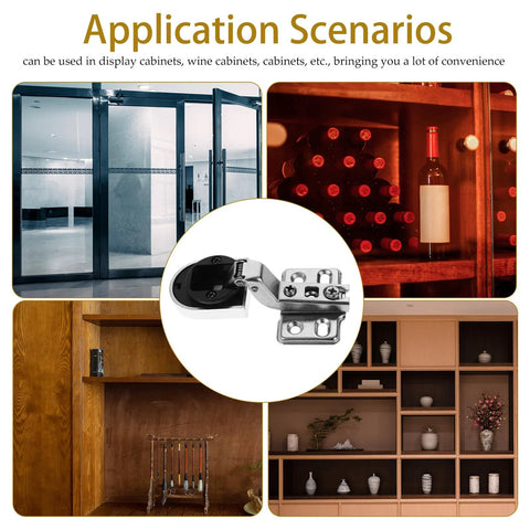Soft close glass cabinet hinges used in various cabinet applications, including display and wine cabinets, demonstrating versatility and durability.