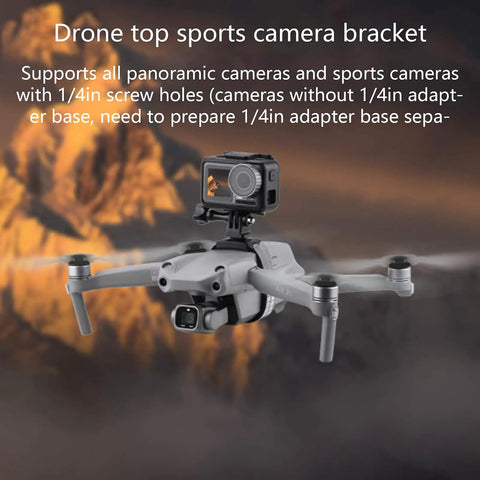Drone with top mount camera bracket using 1/4 inch screw, non-slip pads, adjustable straps for cameras, capturing aerial footage.