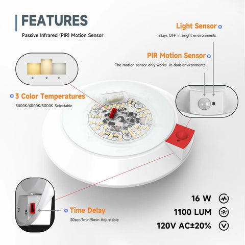 Diagram of Motion Sensor Ceiling Light With 3CCT Selectable Color Temperature PIR Occupancy Light Time Countdown And Light Sensor No Fuss 16W 1000Lm Hard Wired showing features and settings.