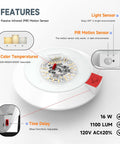 Close-up of Heavy Duty Motion Sensor Led Ceiling Light 6 Inch 16W 1000 Lumen 3Cct Adjustable disc with features.