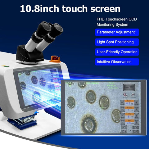 60W Pulse Laser Jewelry Spot Welder With Snazzy Touchscreen Display features a 10.8 inch touchscreen for precise adjustments.