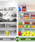Before and after refrigerator organization using 36 Piece Plastic Food Storage Containers With Lids For Pantry And Kitchen Organization A Must Have BPA Free Leak Proof Reusable Set