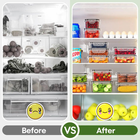 Before and after refrigerator organization using 36 Piece Plastic Food Storage Containers With Lids For Pantry And Kitchen Organization A Must Have BPA Free Leak Proof Reusable Set