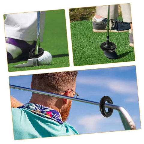 Collage showing Weighted Golf Swing Ring For Beginners And Pros, Practice Gear to stabilize swing on green and with golfer's club