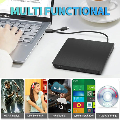 Two In One External CD DVD Drive With USB 3.0 And Type C Disc Reader Burner Player For Laptops And Desktops, Plug and Play No Extra Power Required, Wide Compatibility With USB A And USB C; black external drive connected to a laptop.