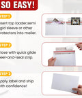 240 Pack Rigid Card Mailers For Trading Card Shipping, 7 x 4.35 inch envelopes showing step-by-step use with cards and sealing