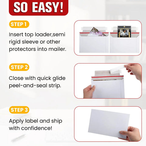 240 Pack Rigid Card Mailers For Trading Card Shipping, 7 x 4.35 inch envelopes showing step-by-step use with cards and sealing