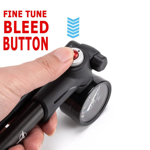 Go To Portable 300 PSI Shock Pump With Gauge showing bleed button for precise adjustments