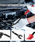 Hands using tool from 60 Piece Universal Engine Under Cover Splash Shield Fastener Kit With Push Retainers Rivet Clips And Tool For Nissan Infiniti 350Z 370Z G35 G37 FX35 FX45 EX35 Bumper Fender Liner.