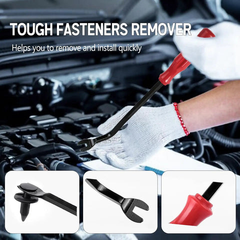 Hands using tool from 60 Piece Universal Engine Under Cover Splash Shield Fastener Kit With Push Retainers Rivet Clips And Tool For Nissan Infiniti 350Z 370Z G35 G37 FX35 FX45 EX35 Bumper Fender Liner.