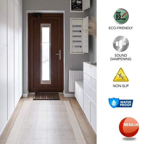Premium Clear Floor Protector Mat 27 Inch By 12 Foot Waterproof Roll for Hardwood, Tile, and Laminate Floors in hallway.