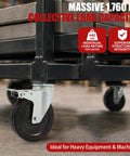 Heavy Duty 5 Inch Scaffold Rollaway Casters 4 Pack With Dual Brakes Rock Solid 440 Lb Capacity Each close-up on rubber wheel mounted on a black cart.