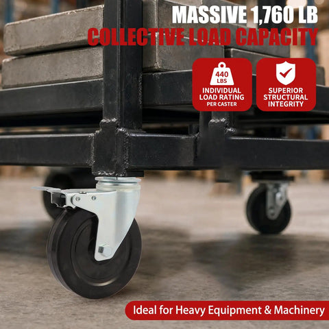Heavy Duty 5 Inch Scaffold Rollaway Casters 4 Pack With Dual Brakes Rock Solid 440 Lb Capacity Each close-up on rubber wheel mounted on a black cart.