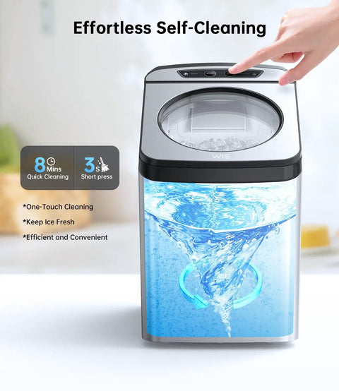Nugget Ice Maker Countertop With Self Cleaning Delivers 44 Lbs In 24 Hours Of Chewable Nugget Ice, self-cleaning feature display.