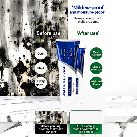 Wall Repair Paste Kit For Drywall Cracks And Nail Holes, Quick And Easy Spackle Cream with Scraper, Before and After Use Illustration