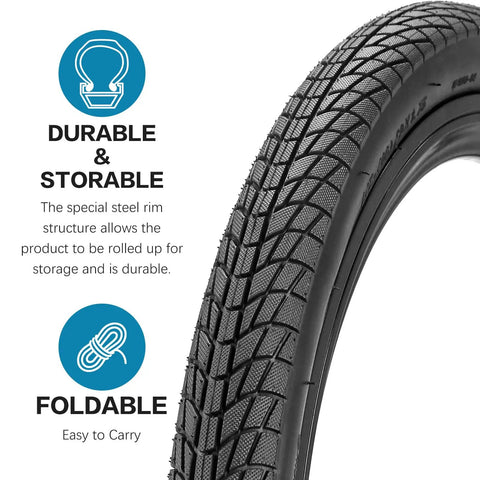 Close-up of foldable bike tire tread with features highlighted, part of Foldable Bike Tire Set With Tubes, Levers, Rim Strips And Repair Kit.