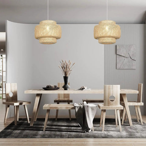 Hand-Woven Bamboo Pendant Light With Natural Rattan Shade, 16 Inch Farmhouse Style Chandelier, Adjustable Hanging Fixture For Kitchen Island, Cozy Vibe For Living Room And Dining Room, E26 Base Compatible