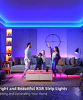 Family enjoying ambient lighting from Indoor RGB LED Strip Lights 16.4ft 5050 SMD With Remote in living room.
