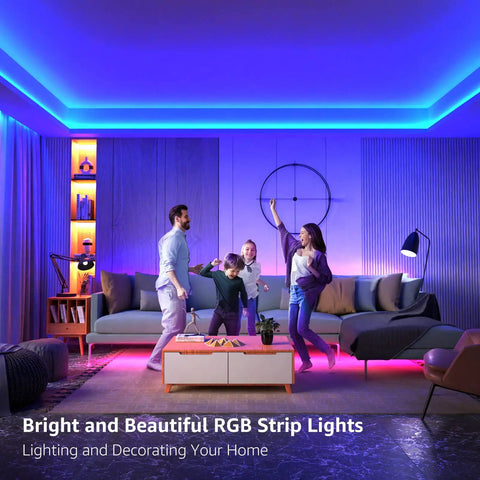 Family enjoying ambient lighting from Indoor RGB LED Strip Lights 16.4ft 5050 SMD With Remote in living room.