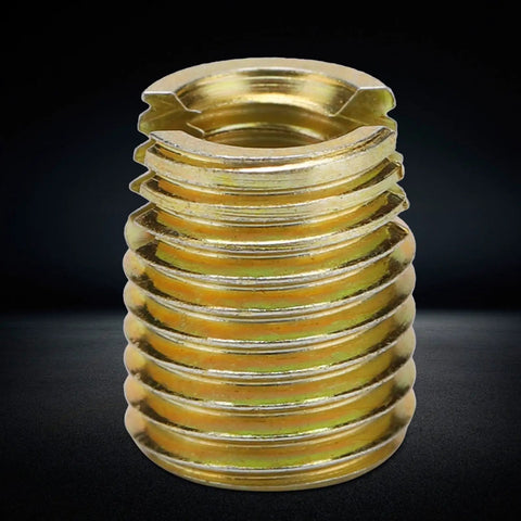 Heavy Duty 20Pcs Self Tapping Thread Inserts Made From Strong Carbon Steel With Yellow Zinc Plating For Durable Hardware Repair Projects And Fastening Jobs, close-up view of a threaded insert.