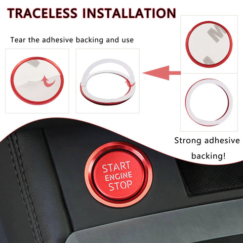 Traceless installation of Audi Push Start Button Cover For A4 A5 A6 A7 Q5 S4 S5 S6 S8 2009 To 2021 Aluminum Engine Start Stop Button Cover With Metal Ring In Red Finish Car Interior Accessories with adhesive backing shown in diagram and installed in car interior