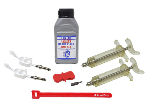 Hydraulic Bike Brake Bleed Kit For Avid, Formula, And Hayes Dominion With 2 Syringes, 2 Hose Fittings, DOT 5.1 Fluid, And Fasteners