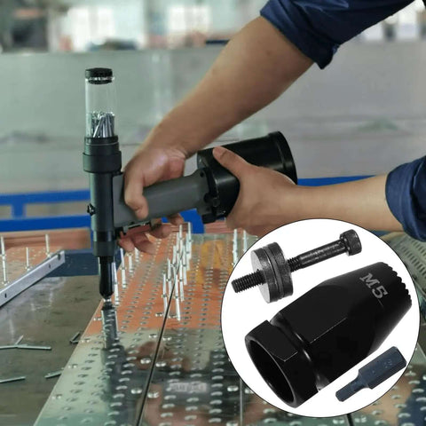 Rock Solid Carbon Steel Pneumatic Rivet Nut Head Assembly Air Riveter Pull Setter Tool Kit For Pro Mechanics And DIY Hustlers Ready To Crush The Job, M5 head in use