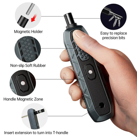 Hand holding All In One Magnetic Screwdriver Set With 160 Magnetic Bits for laptops, with magnetic holder and non-slip rubber.