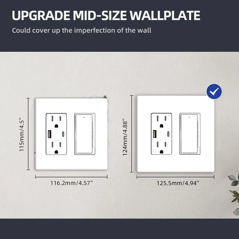 Two Gang Screwless Decorative Wall Plates Mid Size Cover Plates Unbreakable Thermoplastic Faceplates UL Listed Matte White