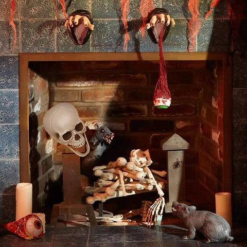 Life Size Skeleton Bone Set For Halloween Decor In A Mesh Bag 28 Piece Spooky Graveyard Skeletons in a fireplace setting