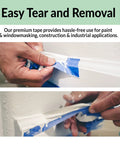 Application and removal of Blue Painter Tape 2 Inch Wide, 8 Rolls Total, 440 Yards Masking Tape For Walls Glass Wood Trim.