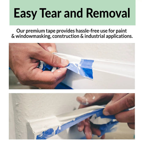 Application and removal of Blue Painter Tape 2 Inch Wide, 8 Rolls Total, 440 Yards Masking Tape For Walls Glass Wood Trim.