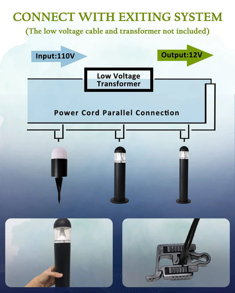 Diagram showing power connection for 12V LED Landscape Pathway Lights 6 Pack Low Voltage Bollard Style Walkway Driveway Lighting