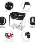 Three Burner Outdoor Propane Gas Stove With Wind Panel Carrying Bag And Regulator 225000 BTU Stand Cooker features