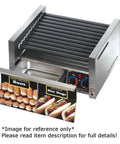 Beast Mode Hot Dog Roller Grill With Programmable Dual Zone Heat And Smooth Nonstick Cylinders Plus Built In Bun Warmer with buns and hot dogs display.