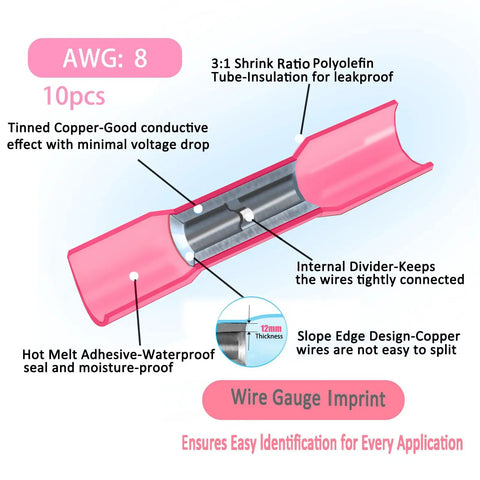10 Pieces 8 AWG Heat Shrink Butt Connectors Kit Waterproof Insulated Marine Automotive Crimp Terminals For Marine Electrical Splices With Tinned Copper Conductors Durable Quick Connectors, showing details like tinned copper interior, polyolefin tube insulation, and adhesive seal for waterproofing.