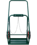 Heavy Duty 440 Lbs Welding Cylinder Cart With 10 Inch Solid Rubber Wheels Dual Oxygen And Acetylene Tank Dolly Removable Steel Cart For Secure Gas Cylinder Transport And Storage Green front view with chains