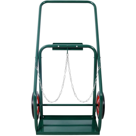 Heavy Duty 440 Lbs Welding Cylinder Cart With 10 Inch Solid Rubber Wheels Dual Oxygen And Acetylene Tank Dolly Removable Steel Cart For Secure Gas Cylinder Transport And Storage Green front view with chains