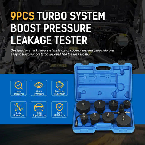 Front view of blue plastic case with 9-piece turbo system leak tester adapters set