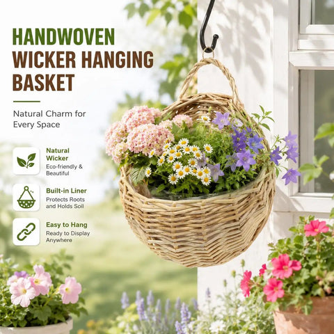 Premium Woven Wicker Hanging Basket Set Of Two Nine Inch Wall Planter With Built In Drainage Guard For Zero Mess Indoors Out And Total Patio Life Flex Upgrade