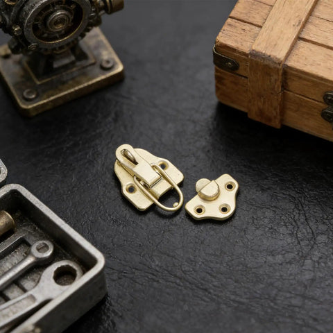 Six Pack Of Golden Toggle Latch Locks Perfect For Small Boxes, Cabinets And Tool Storage Chests With Reliable Metal Hasp Clasp For Secure Catches And Sturdy Protection On Your Gear on black surface.