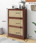 Ultra Slim Wooden Shoe Rack With Swinging Doors And Wide Top Counter Built For Tight Hallways And Mudrooms To Keep Your Kicks Stacked In A Super Slick Walnut Finish, 120cm tall.