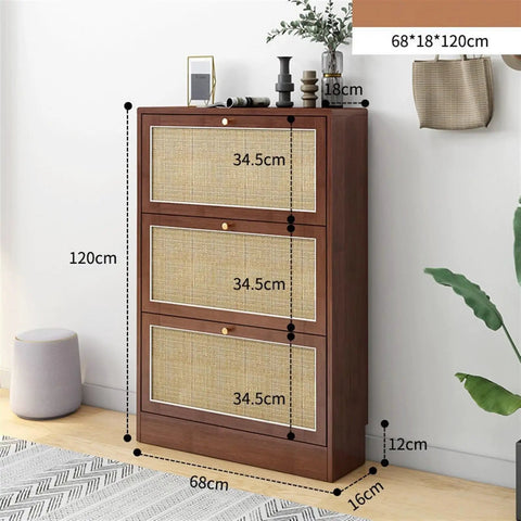 Ultra Slim Wooden Shoe Rack With Swinging Doors And Wide Top Counter Built For Tight Hallways And Mudrooms To Keep Your Kicks Stacked In A Super Slick Walnut Finish, 120cm tall.