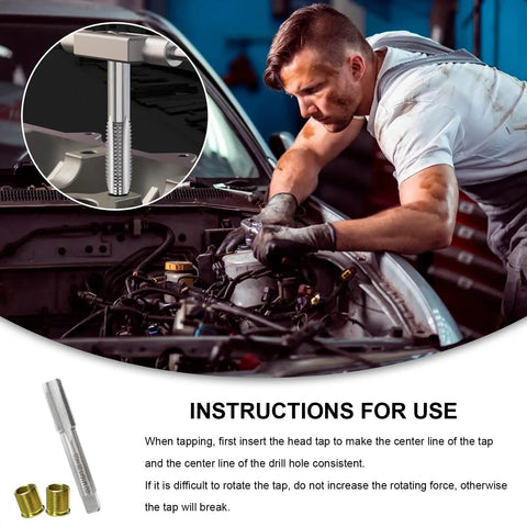 Mechanic using 11 Piece Spark Plug Thread Repair Kit With M14x1.25 And M16x1.25 Inserts Stainless Steel Rethread Tool Set