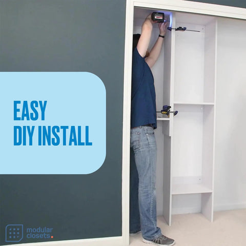 Installation of Built In White Shaker Hanging Tower Closet Organizer with Two Deep Drawers, showing easy DIY steps.