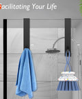 Over The Door Shower Hooks 7.5 Inch For Frameless Glass Doors Heavy Duty Stainless Steel Towel Hooks With Blue Towel and Brushes