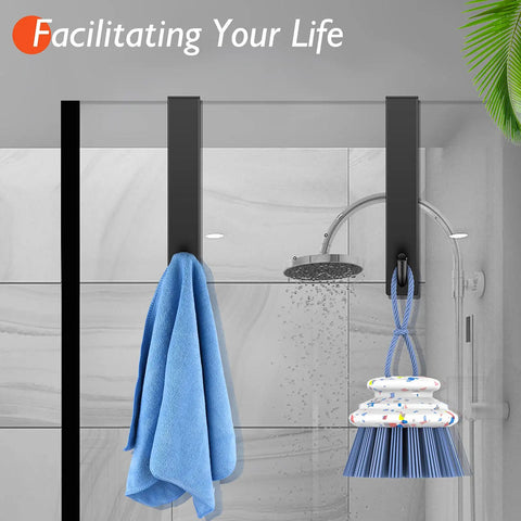 Over The Door Shower Hooks 7.5 Inch For Frameless Glass Doors Heavy Duty Stainless Steel Towel Hooks With Blue Towel and Brushes